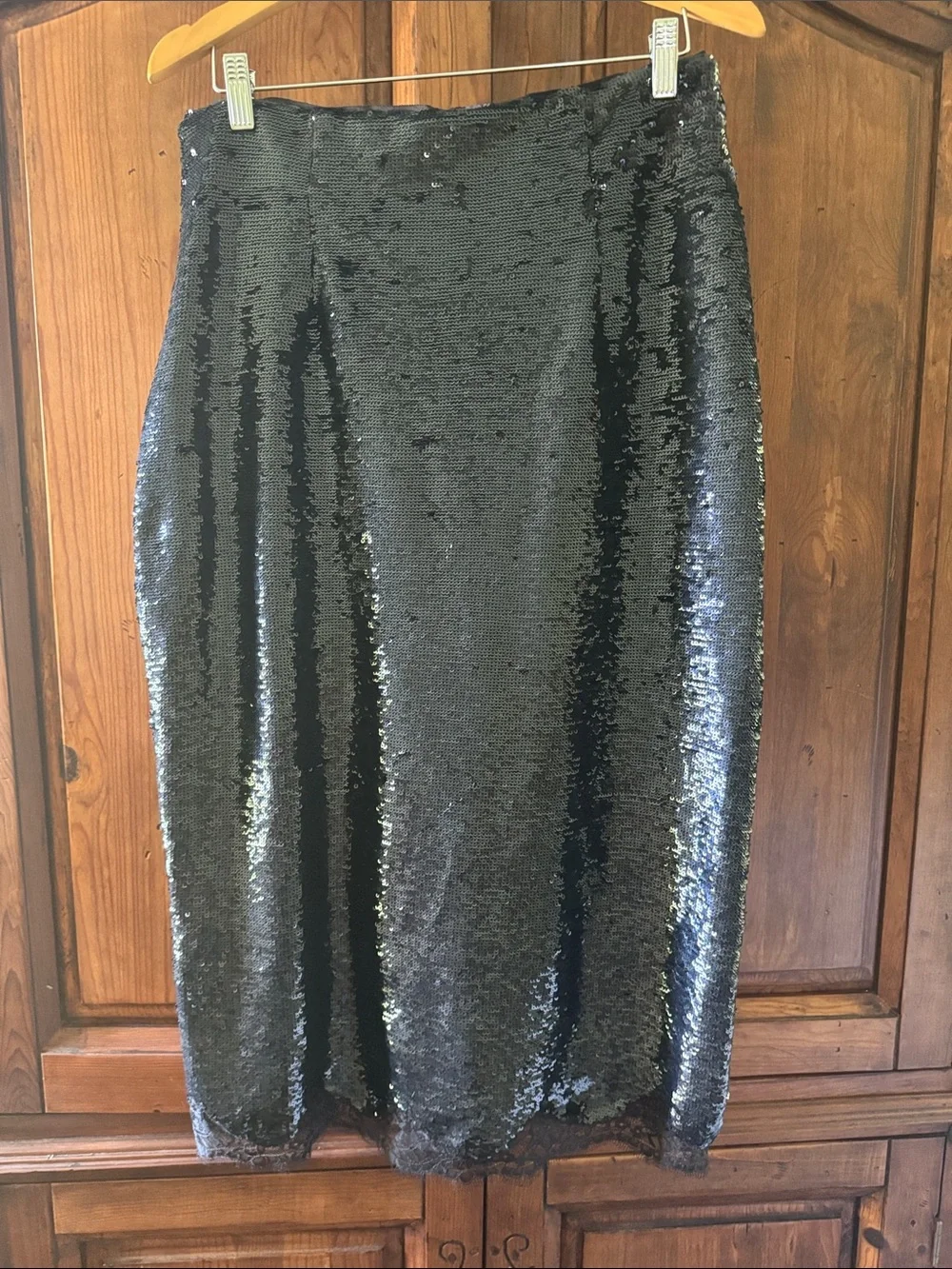 NWT JCREW COLLECTION BLACK SEQUIN MIDI SKIRT LACE TRIM FRONT SLIT. SIZE 10.